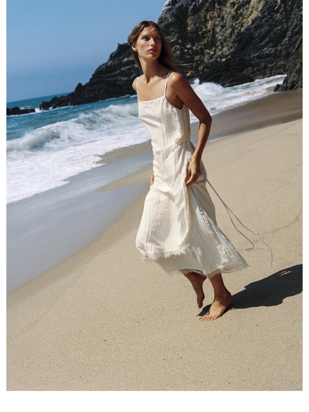 Zara Cream Midi Slip Dress with Spaghetti Straps